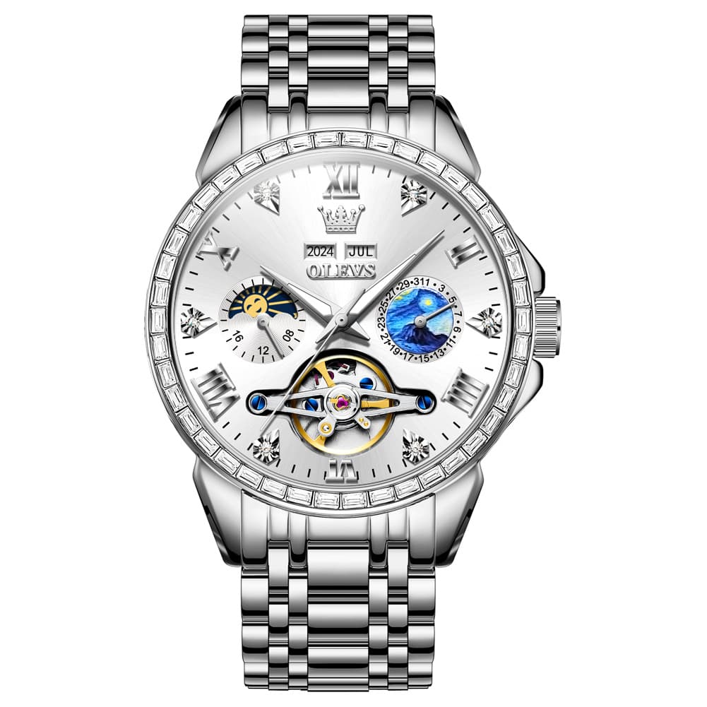 OLEVS 6712 Diamond Bezel Starry Moon Phase Calendar Mechanical Watch For Men
