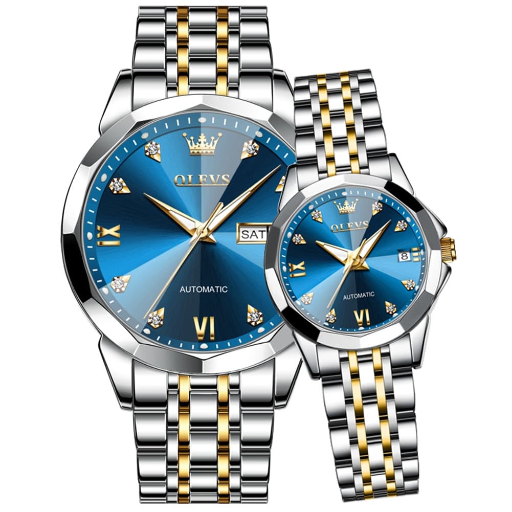 OLEVS Couple Watches 3D Diamond Cut Mirror Automatic Watch 9982 Steel Band for His and Hers
