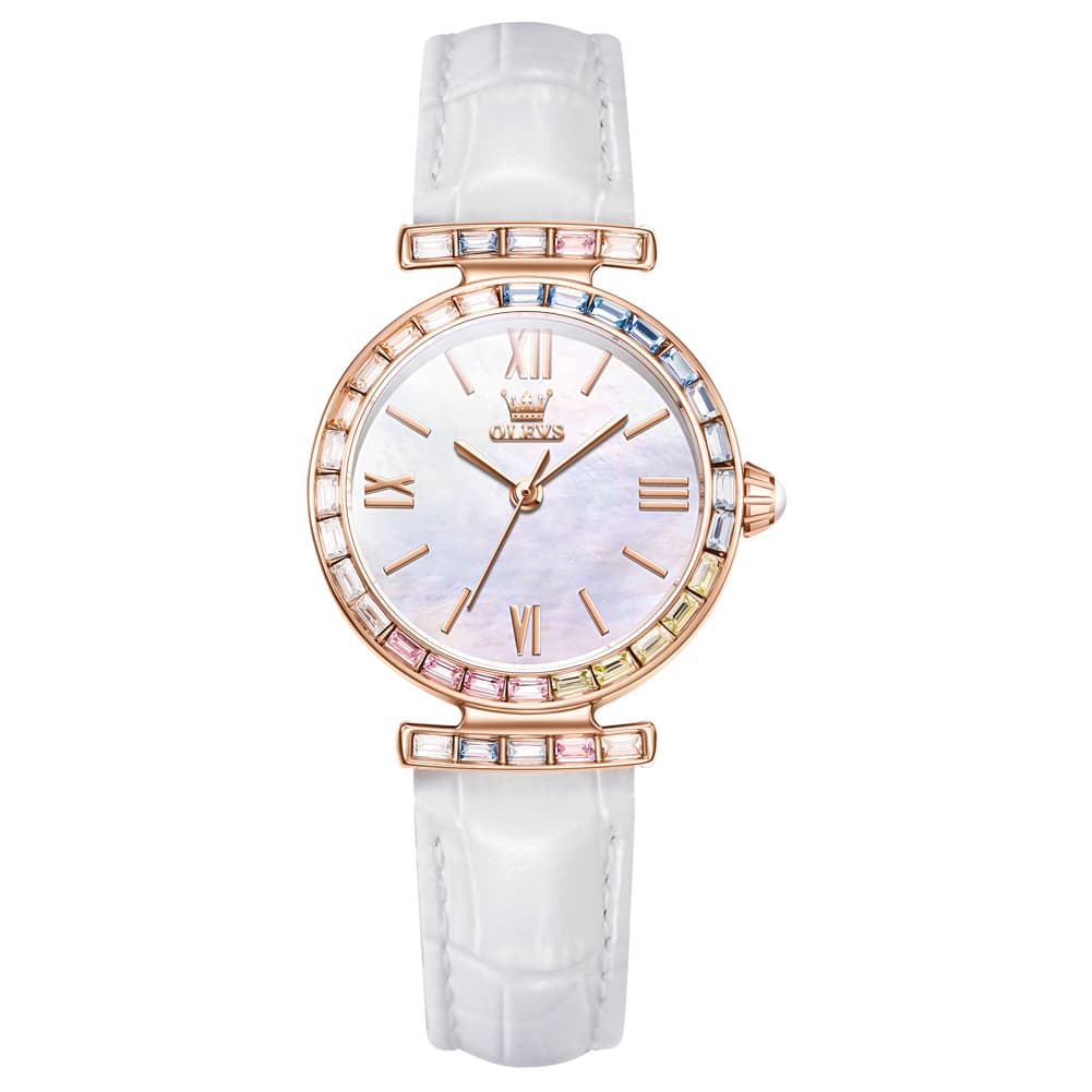 OLEVS 9007 Rainbow Bezel Mother of Pearl Leather Quartz Watch for Women