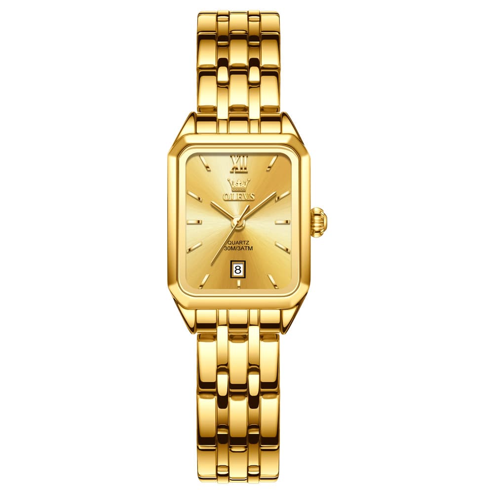OLEVS Women Square Dress Watch Retro Gold Stainless Steel Date Quartz 5616