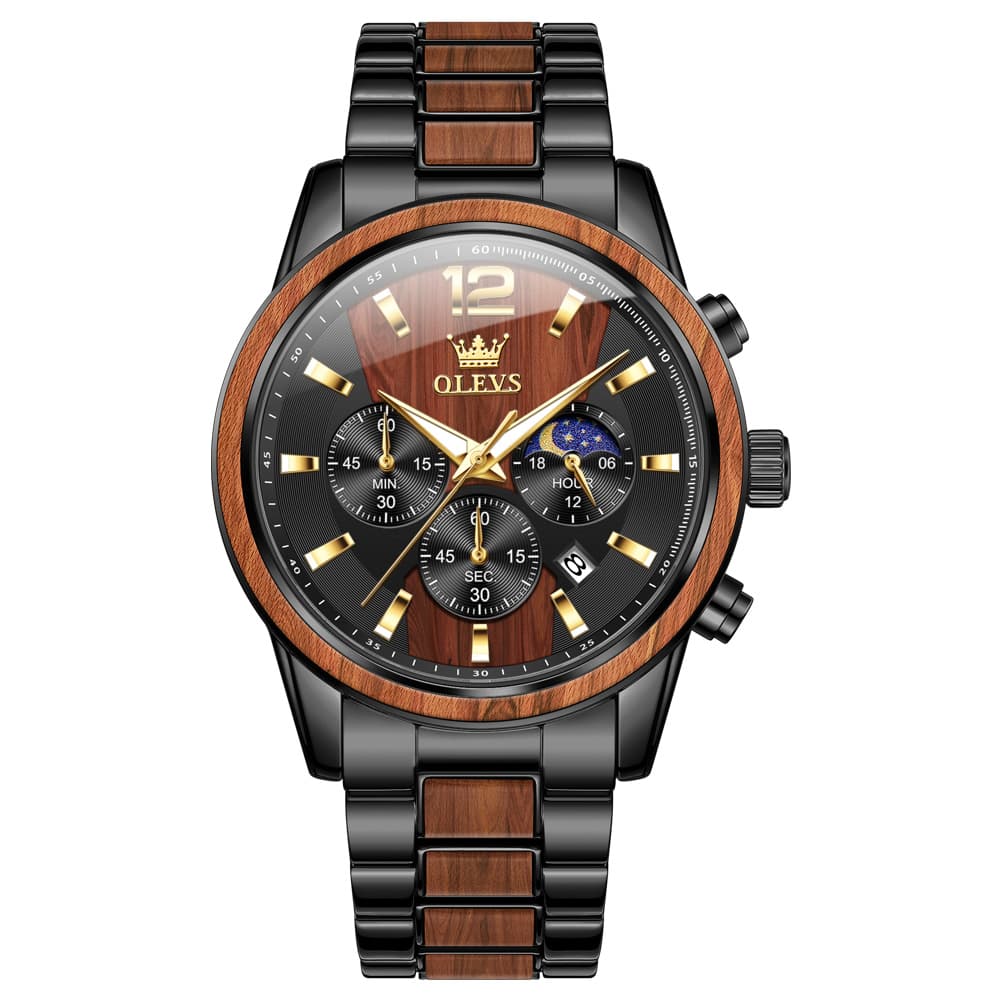 OLEVS 3645 Solid Wood & Steel Chronograph Quartz Watch for Men