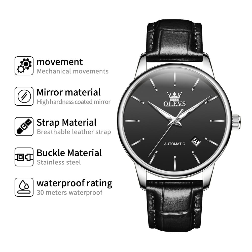 OLEVS 6725 Minimalist Leather Strap Automatic Mechanical Lightweight Watch For Men