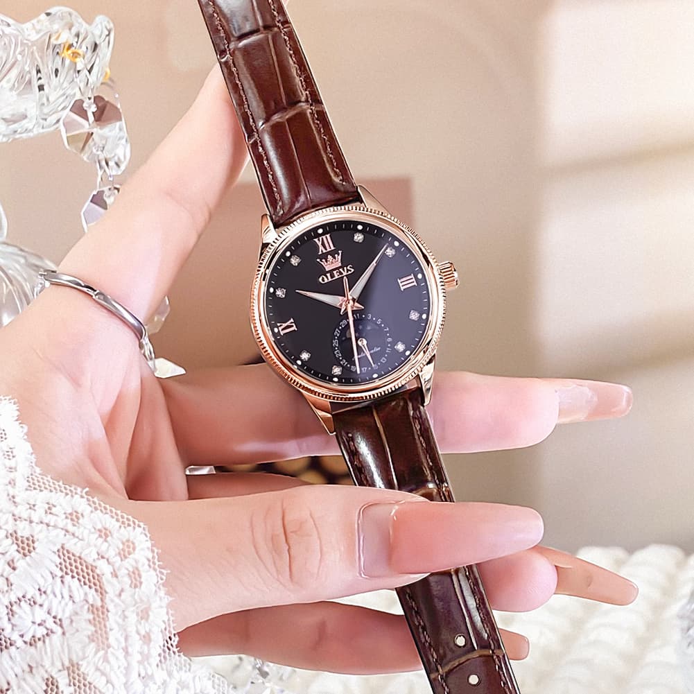 OLEVS 7039 Leather Moon Phase Mechanical Watch For Women