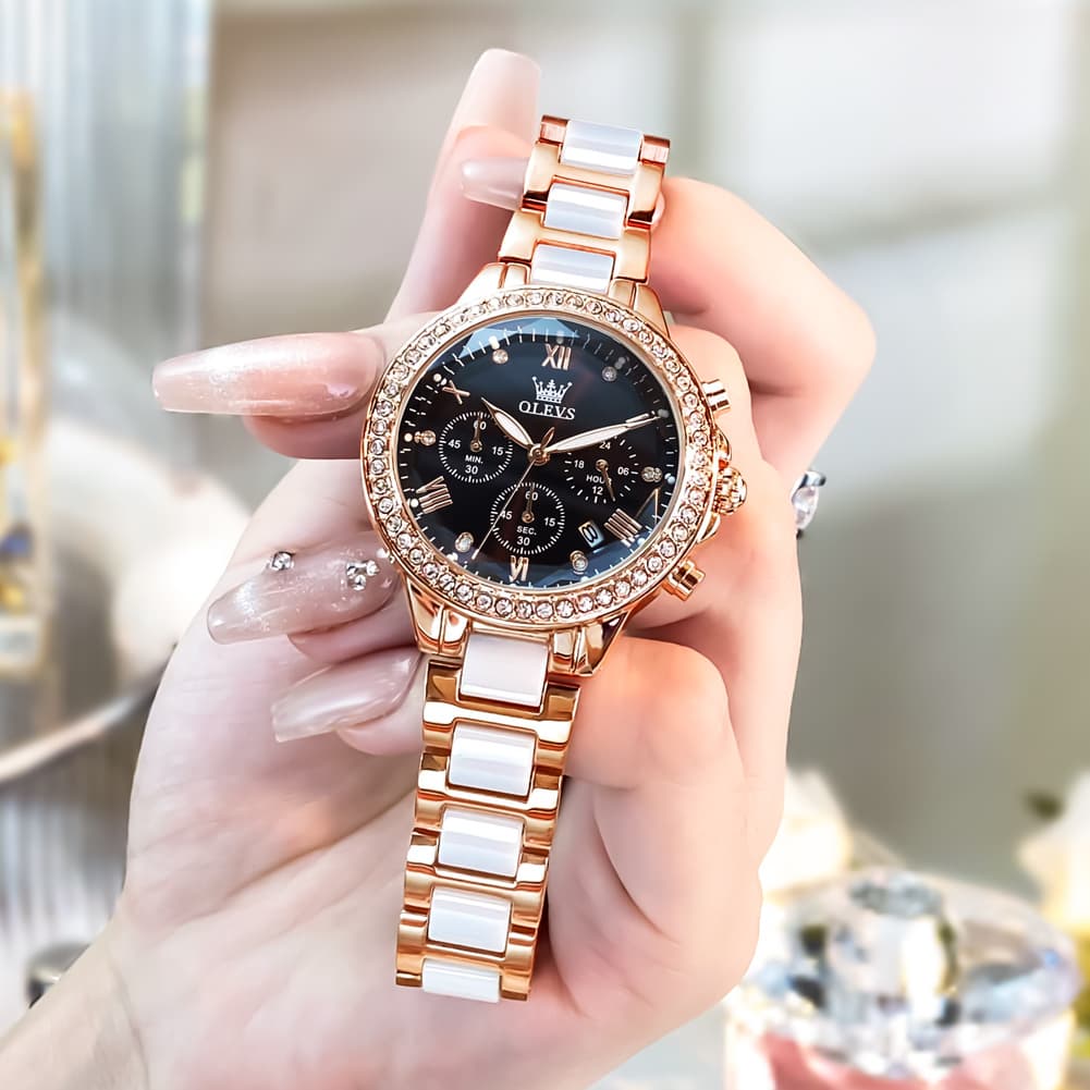 OLEVS 9999 Diamond Bezel Chronograph Ceramic Watch for Women