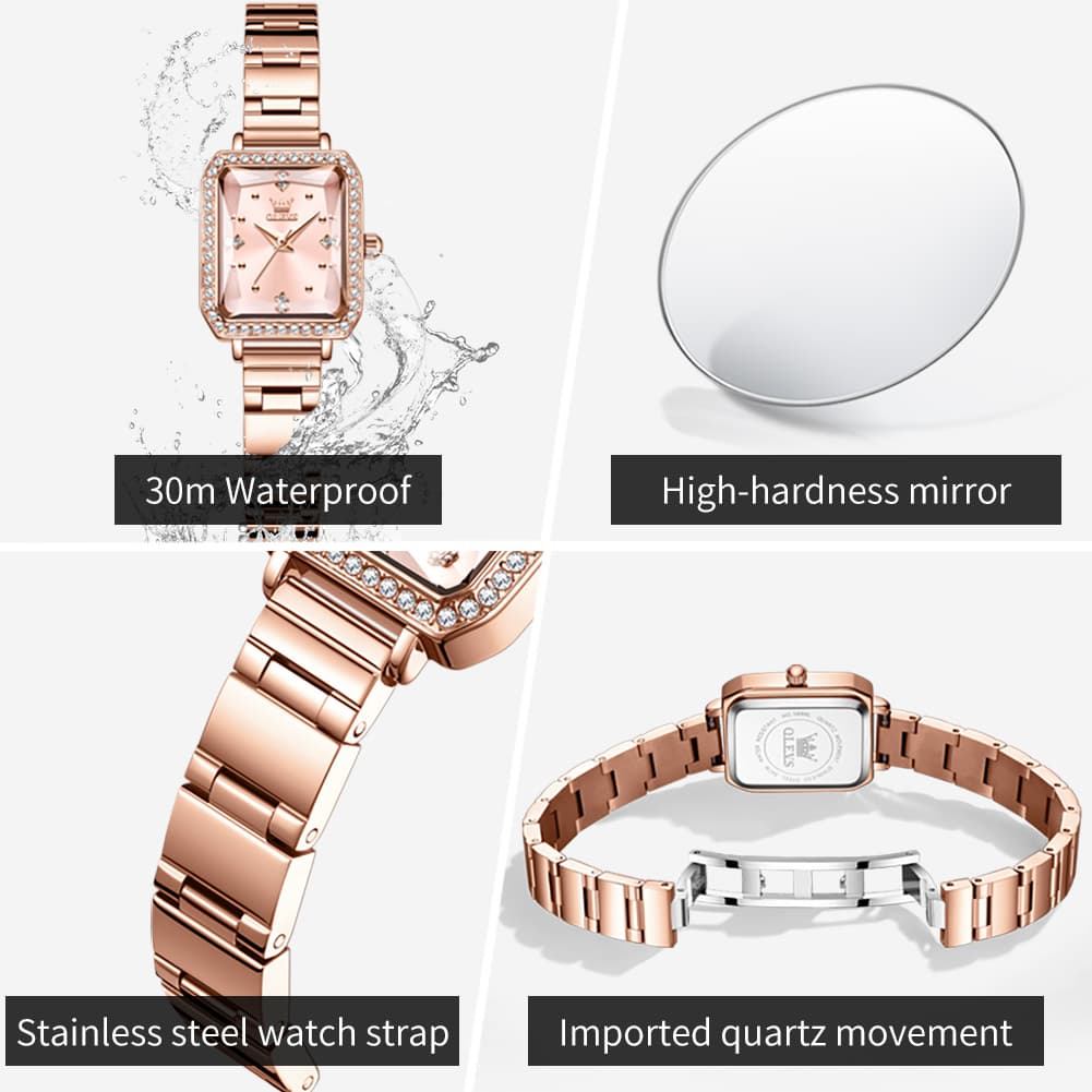 OLEVS 5688 Beveled Edge Crystal Rectangular Watch Diamond Bezel Stainless Steel Quartz Timepiece for Women