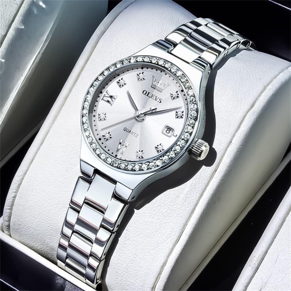 OLEVS Women Diamond Bezel Watch Petite Pastel Sunray Silver Stainless Steel Date Quartz 5628