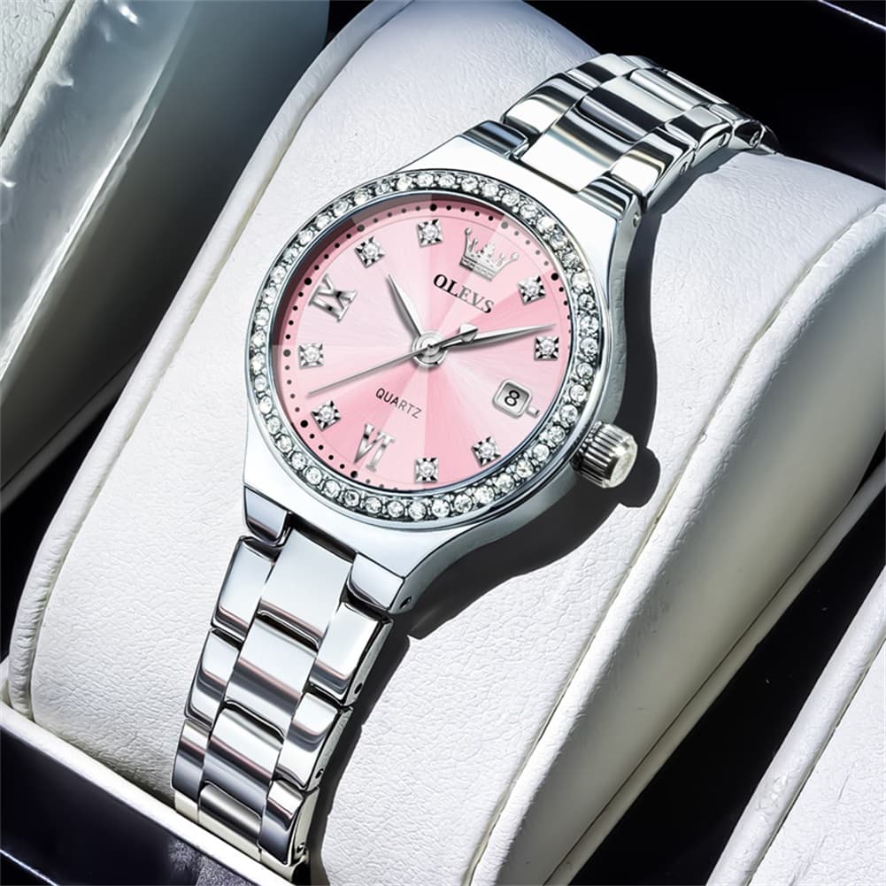 OLEVS Women Diamond Bezel Watch Petite Pastel Sunray Silver Stainless Steel Date Quartz 5628