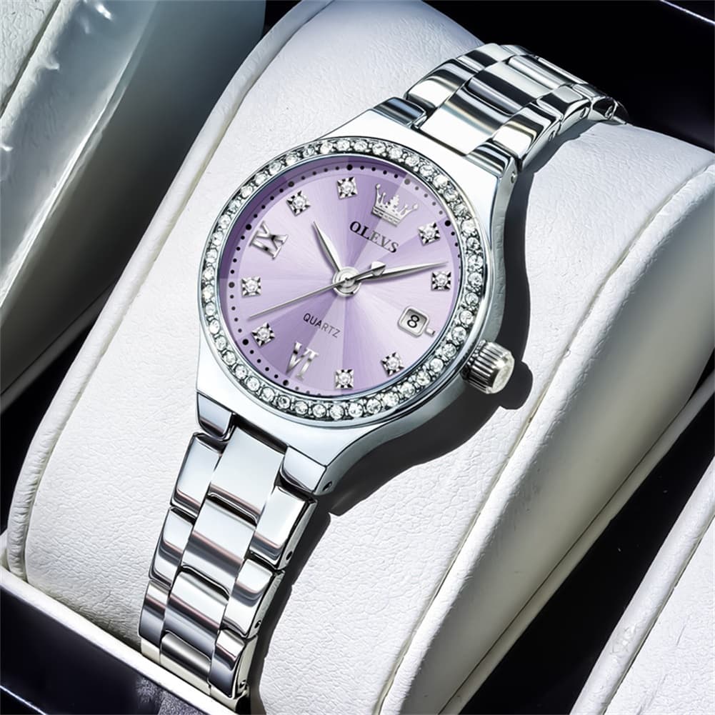 OLEVS Women Diamond Bezel Watch Petite Pastel Sunray Silver Stainless Steel Date Quartz 5628