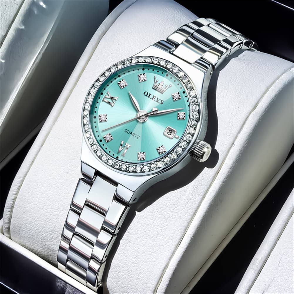OLEVS Women Diamond Bezel Watch Petite Pastel Sunray Silver Stainless Steel Date Quartz 5628