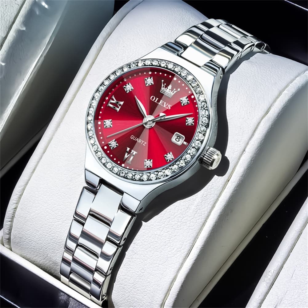 OLEVS Women Diamond Bezel Watch Petite Pastel Sunray Silver Stainless Steel Date Quartz 5628