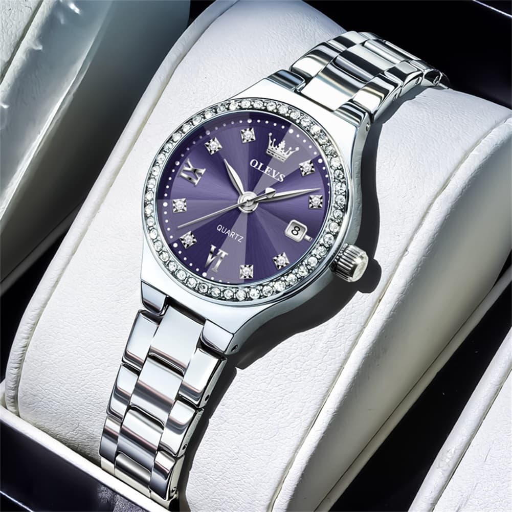 OLEVS Women Diamond Bezel Watch Petite Pastel Sunray Silver Stainless Steel Date Quartz 5628