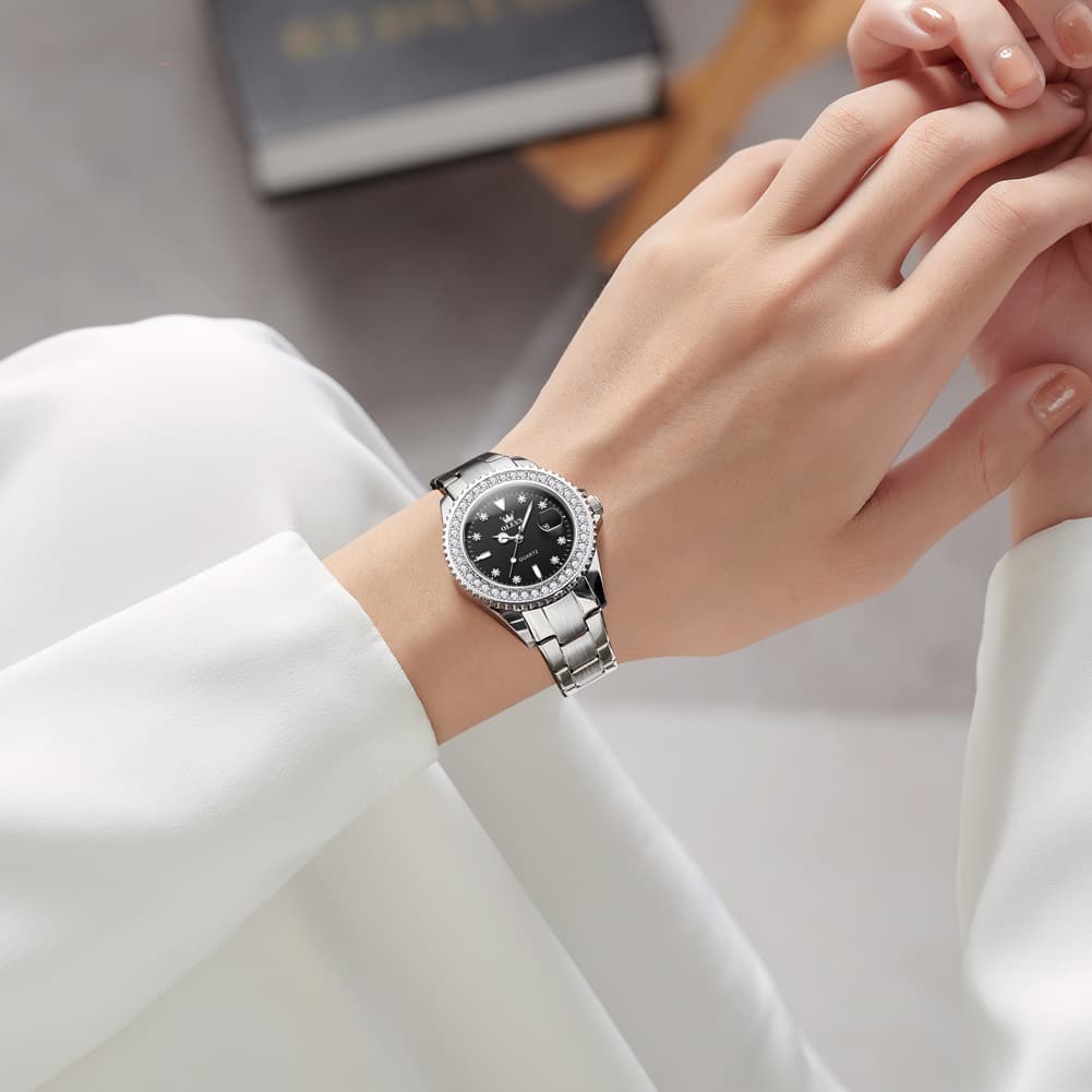 OLEVS 9945 Diamond Bezel Date Display Quartz Watch for Women