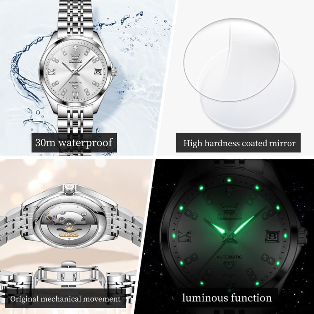 OLEVS Diamond Dial Automatic Mechanical Watch 9801 Date Display for Women
