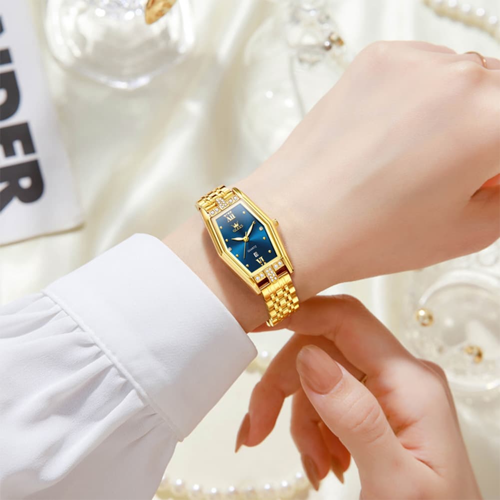 OLEVS 3699 Tonneau Geometric Crystal Womens Dress Watch
