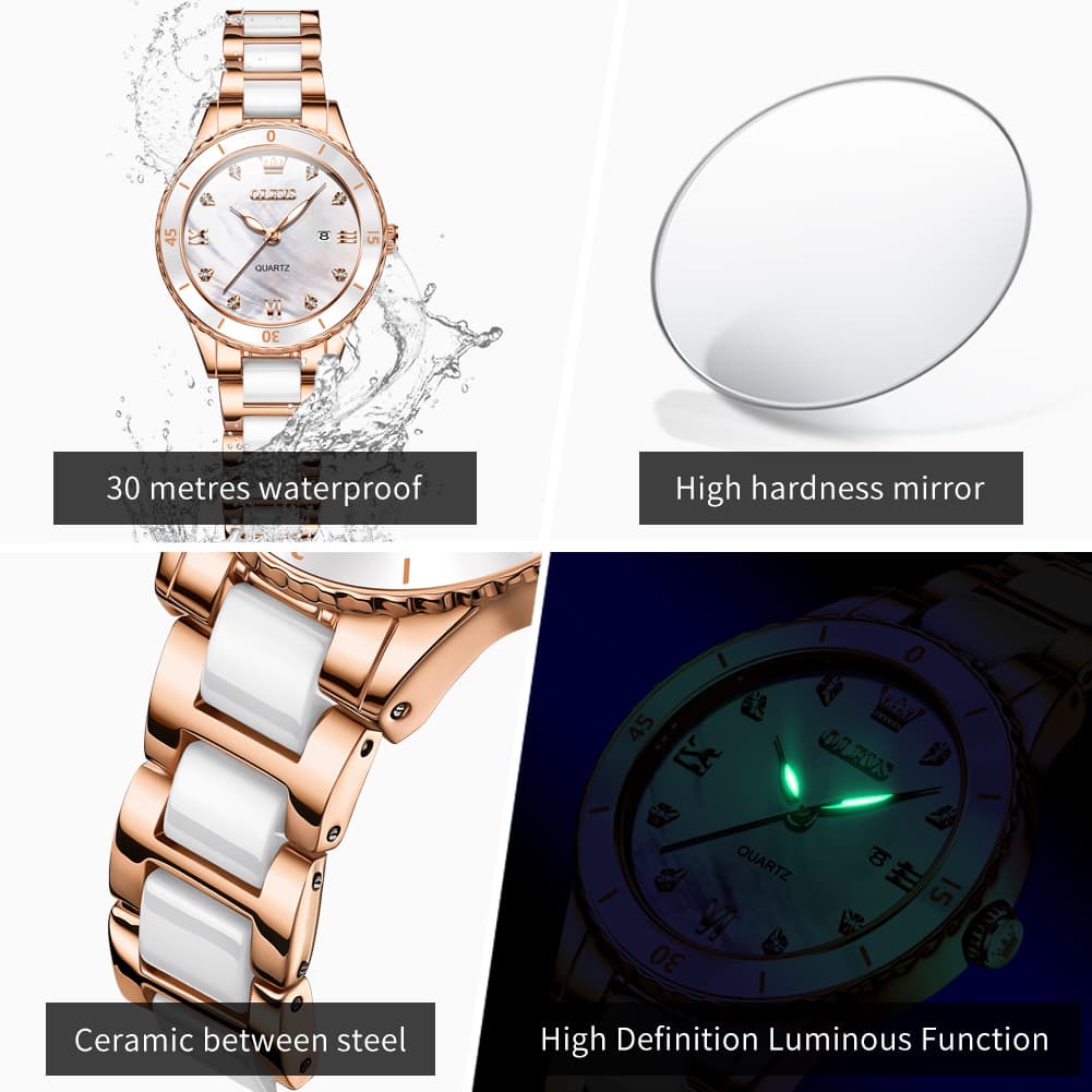 OLEVS 9985 Two Tone Ceramic Bracelet Quartz Watch for Women