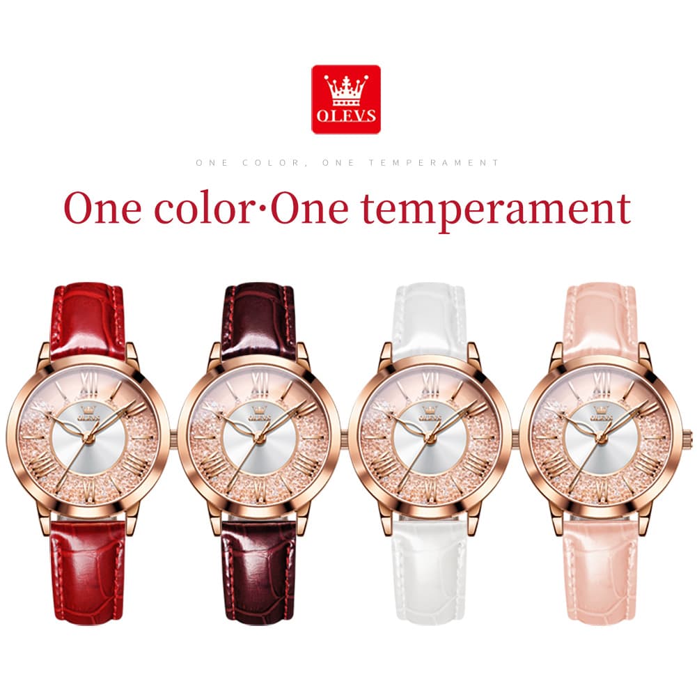 OLEVS Flowing Quicksand Crystal Dress Watch for Women Leather Strap 5539