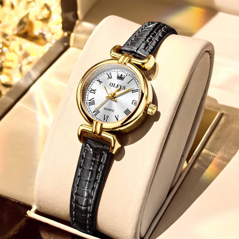 OLEVS Women Vintage Dress Watch Petite 24mm Leather Strap Date Quartz 5645