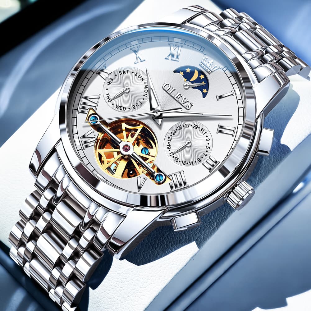 OLEVS 6617 Automatic Mechanical Tourbillon Moon Phase Watch for Men