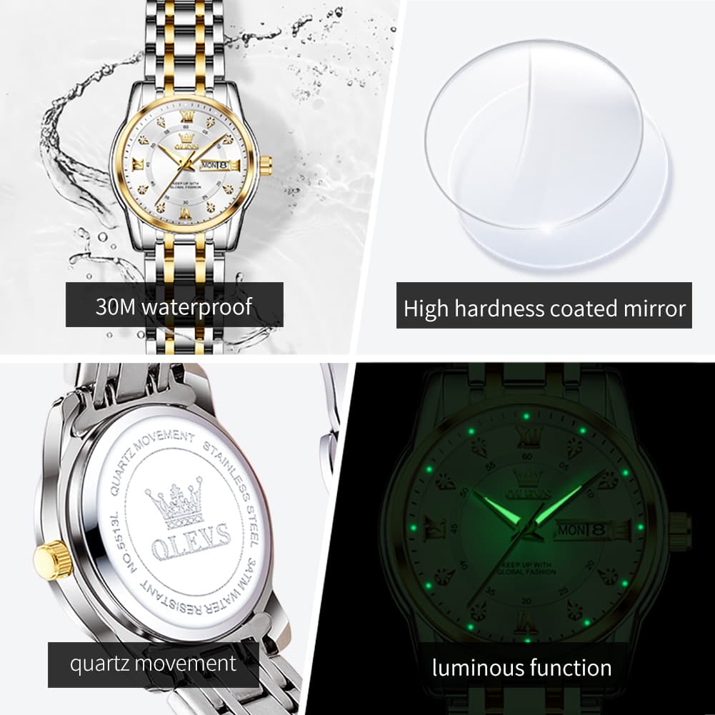 OLEVS Diamond Dial Day Date Quartz Watch 5513 Steel Band for Women