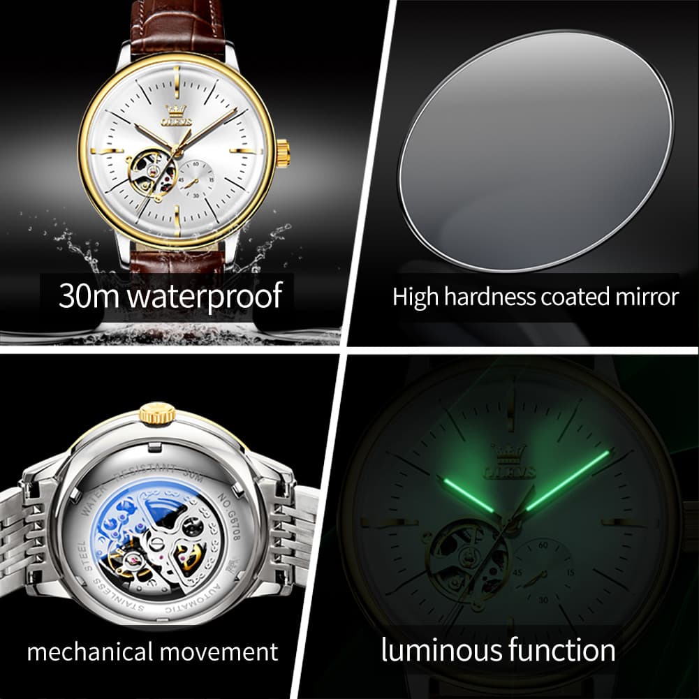 OLEVS 6708 Domed Crystal Open Heart Mechanical Watch For Men