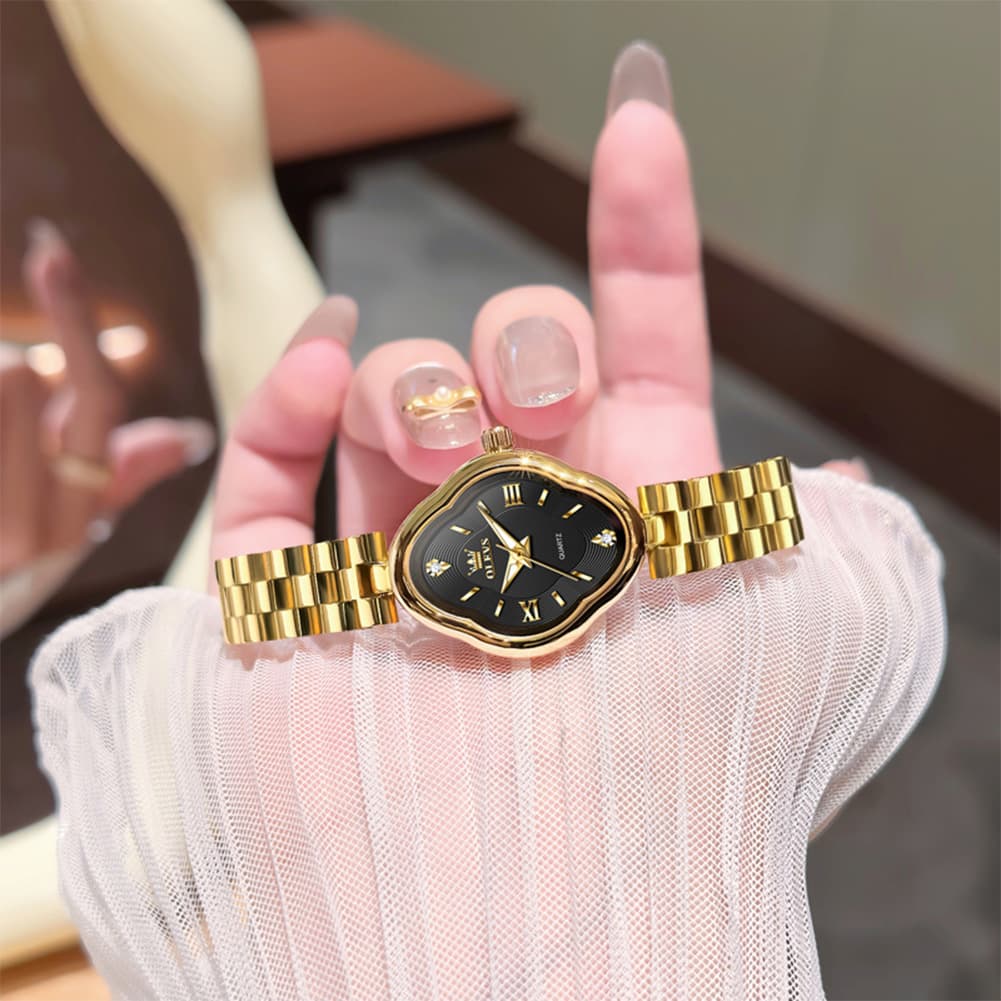 OLEVS 5666 Petal Case Vintage Dress Watch Gold Bracelet Quartz Jewelry Timepiece for Women