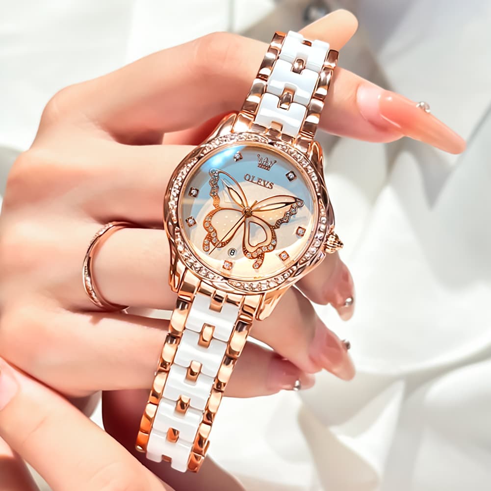 OLEVS Women Butterfly Watch Ceramic Rose Gold Diamond Date Quartz 5610