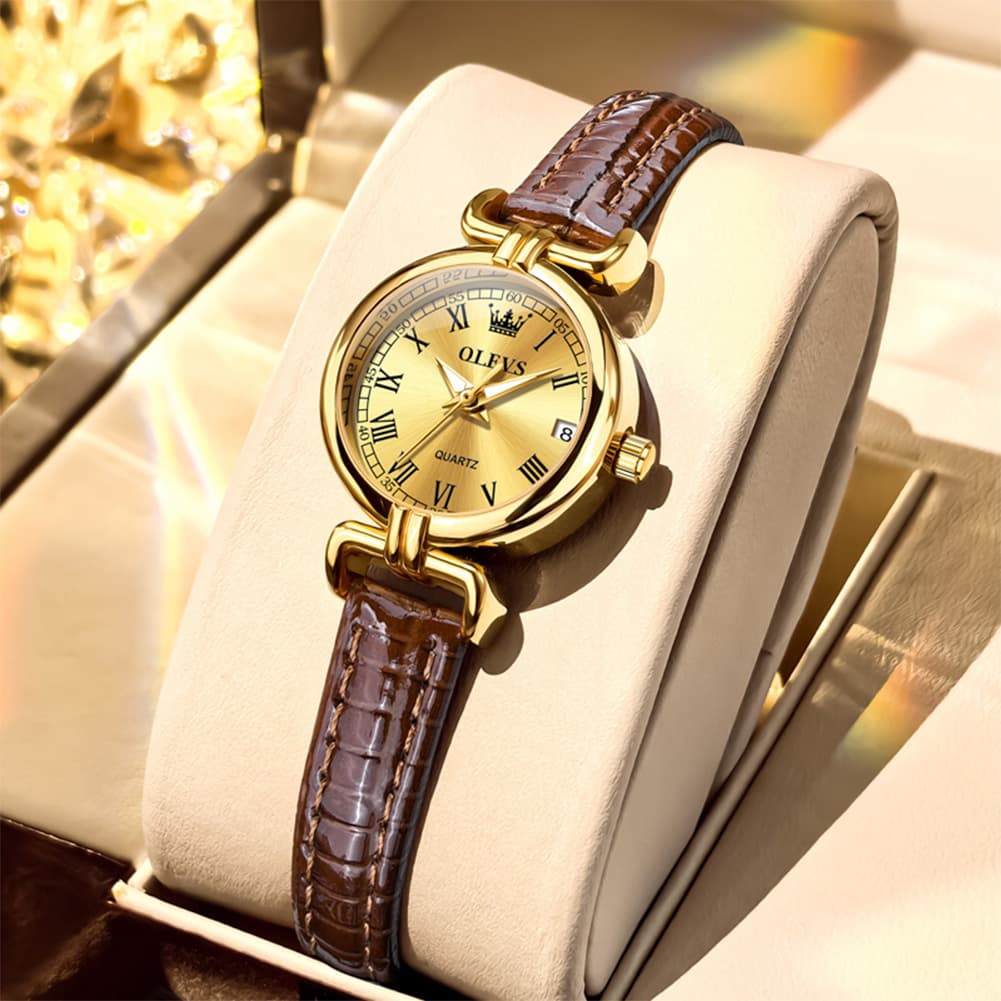 OLEVS Women Vintage Dress Watch Petite 24mm Leather Strap Date Quartz 5645
