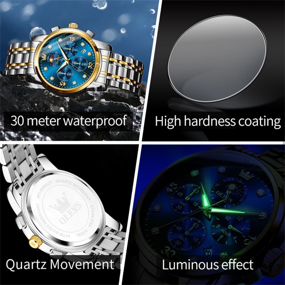 OLEVS 3652 Chronograph Moon Phase Diamond Dial Stainless Steel Watch For Men