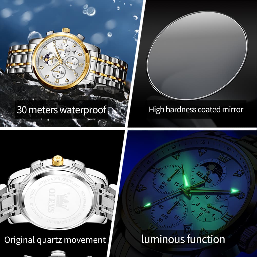 OLEVS 3655 Chronograph Moon Phase Roman Diamond Dial Stainless Steel Watch For Men