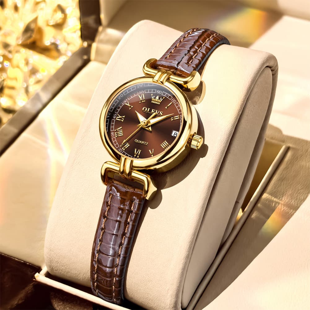 OLEVS Women Vintage Dress Watch Petite 24mm Leather Strap Date Quartz 5645