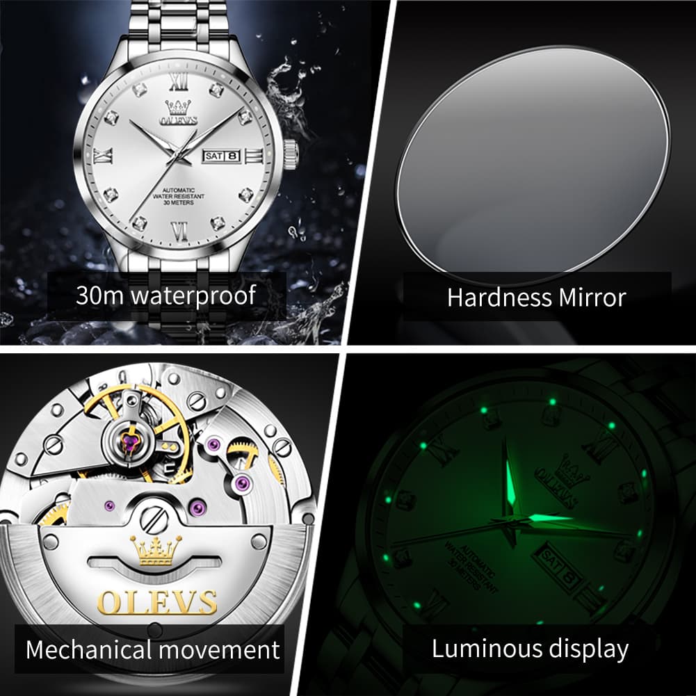 OLEVS Couple Watches Diamond Dial Automatic Mechanical Watch 9946 Steel Band for His and Hers