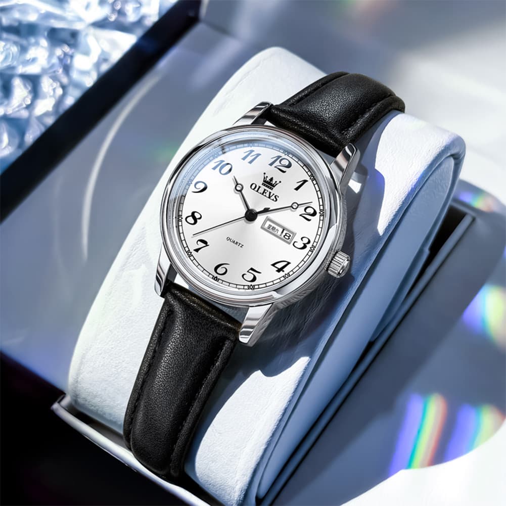 OLEVS 5662 Petite Vintage Quartz Watch Day Date Leather Strap Elegant Dress Timepiece for Women
