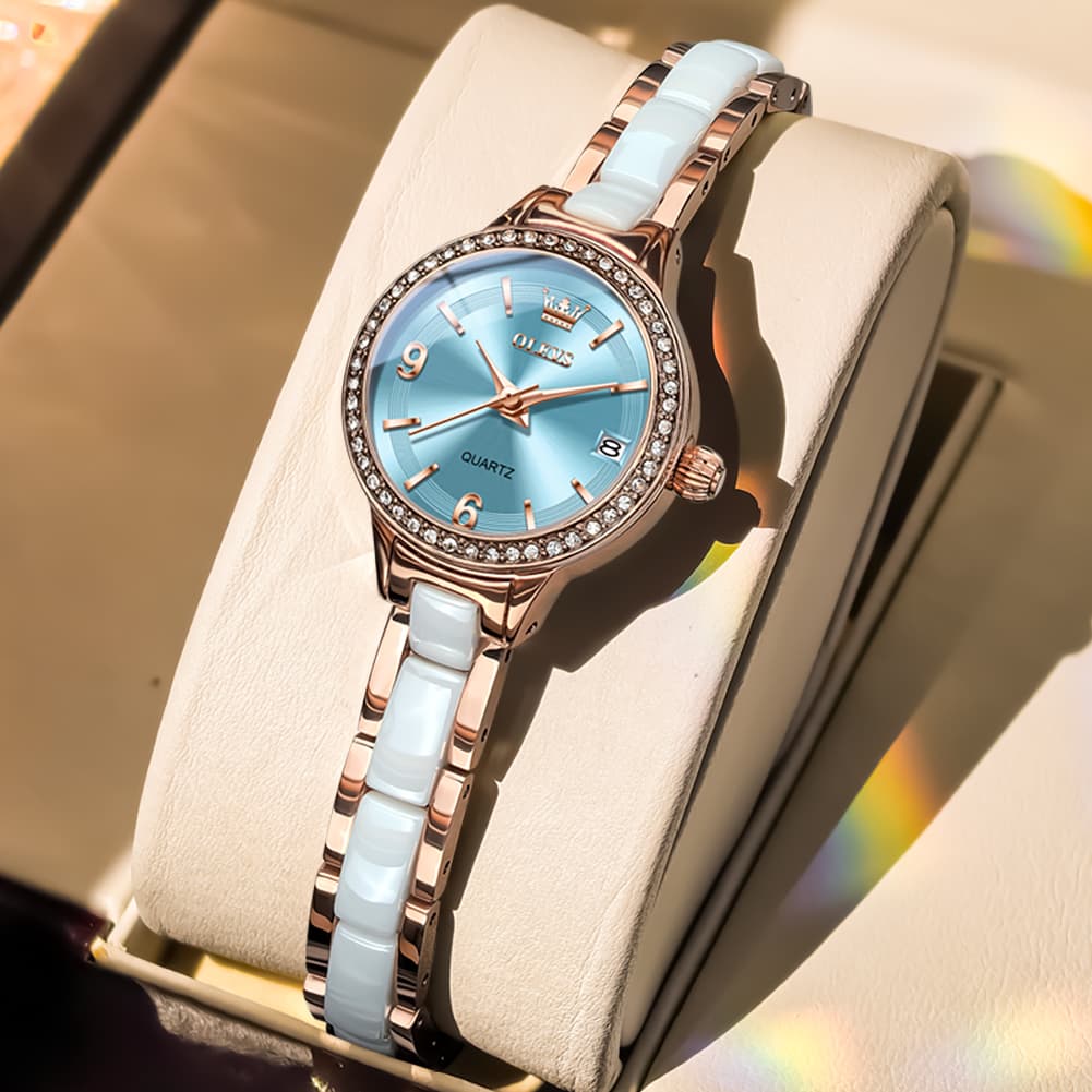 OLEVS 7093 White Ceramic Watch Women Dainty Diamond Bezel Date Quartz Jewelry Timepiece