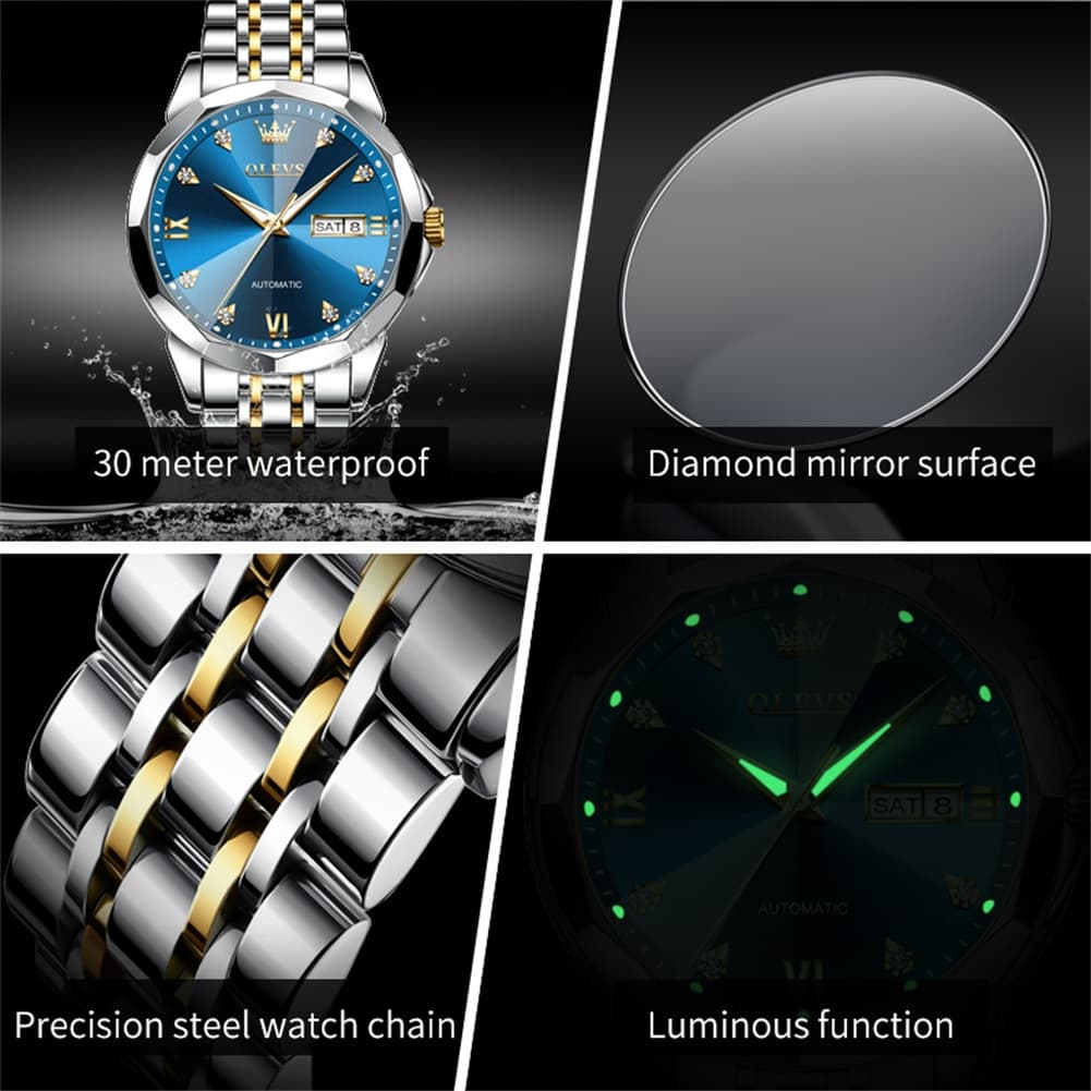 OLEVS 3D Diamond Cut Mirror Automatic Mechanical Watch 9982 Day Date for Men