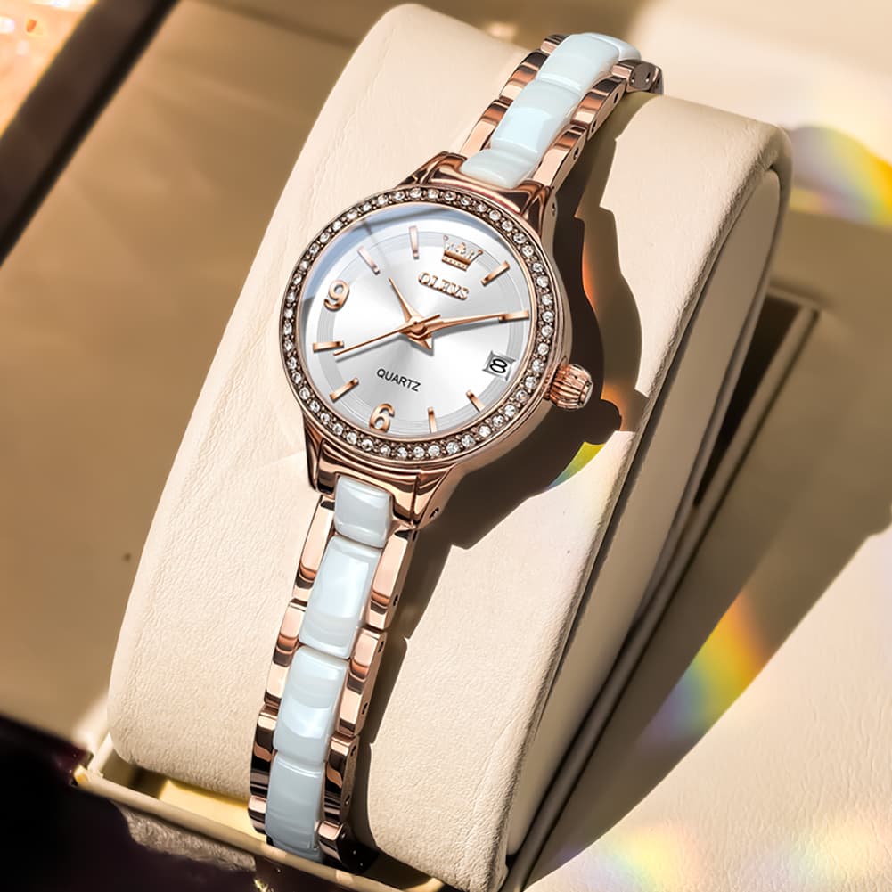 OLEVS 7093 White Ceramic Watch Women Dainty Diamond Bezel Date Quartz Jewelry Timepiece