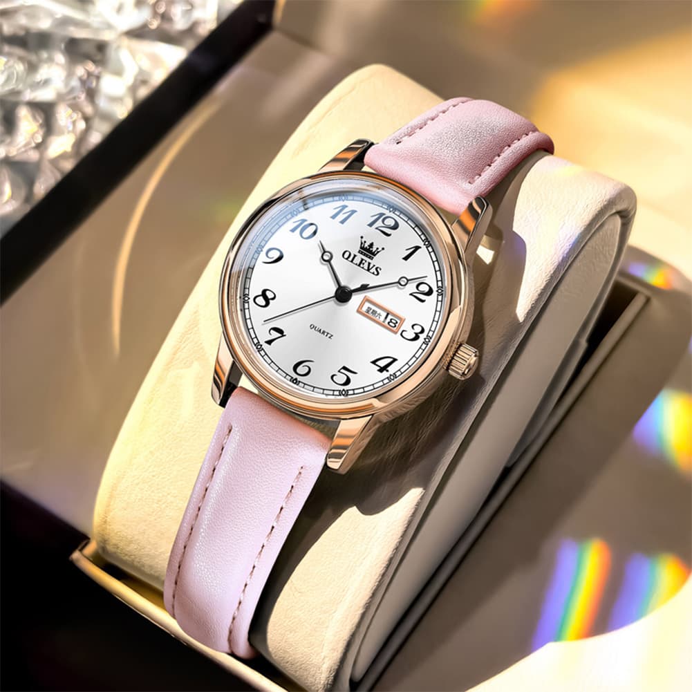 OLEVS 5662 Petite Vintage Quartz Watch Day Date Leather Strap Elegant Dress Timepiece for Women