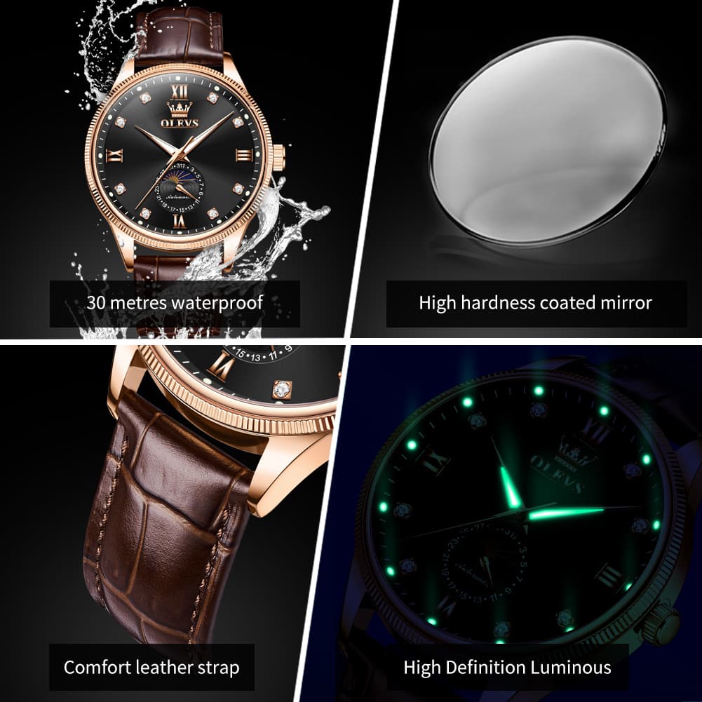 OLEVS 7039 Leather Moon Phase Mechanical Watch For Men