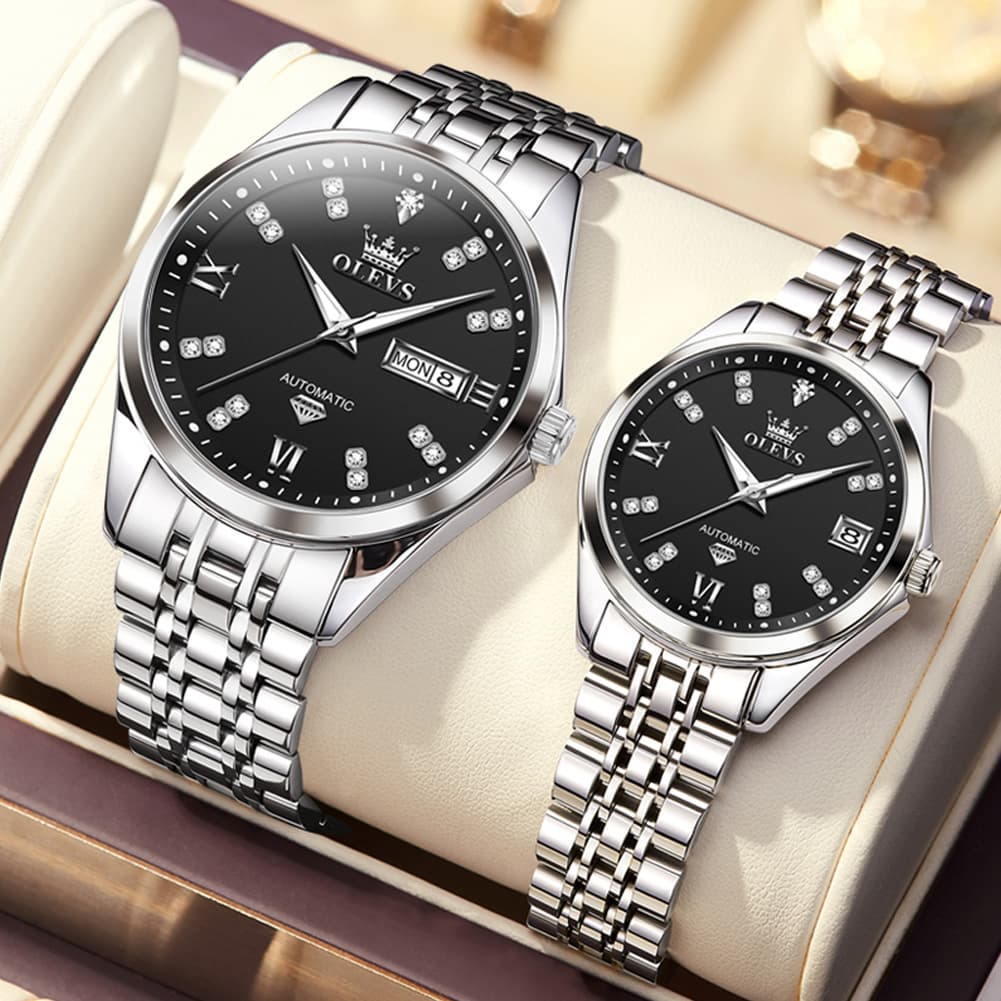 OLEVS Couple Watches Set Automatic Mechanical Diamond Dial 9801 for His and Hers