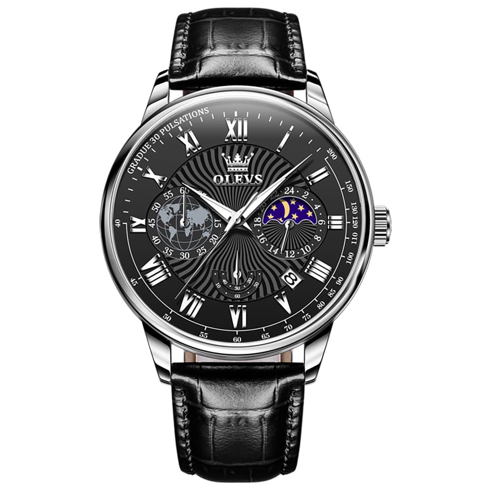 OLEVS 2893 Leather Pulsometer Moon Phase Watch for Men