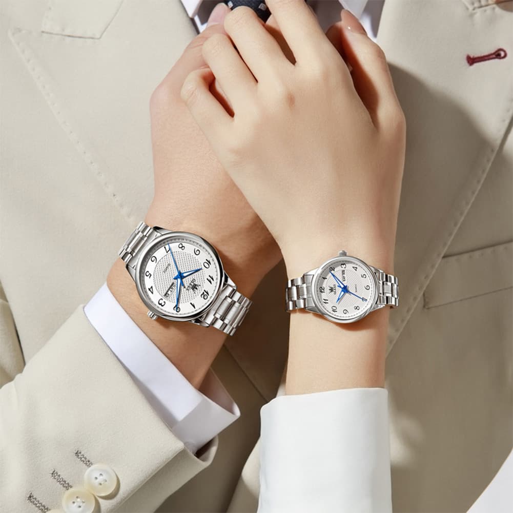 OLEVS 5667 Sapphire Crystal Couple Watch Day Date Stainless Steel Bracelet Luxury Timepiece for Men and Women