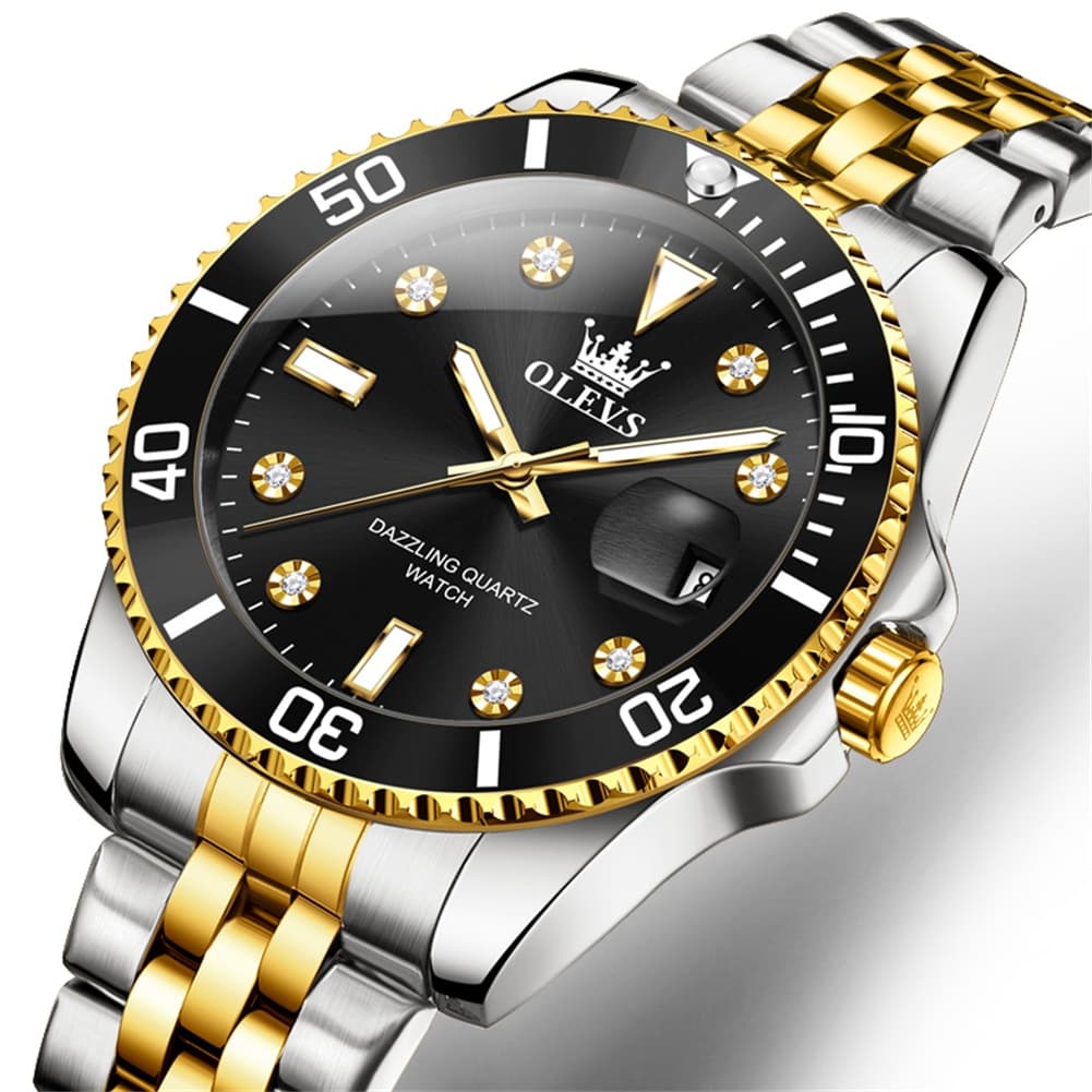OLEVS 9809 Rotating Bezel Diamond Dial Stainless Steel Quartz Watch for Men