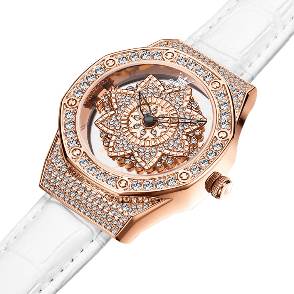 OLEVS 9996 Rotatable Diamond Bezel Leather Watch for Women