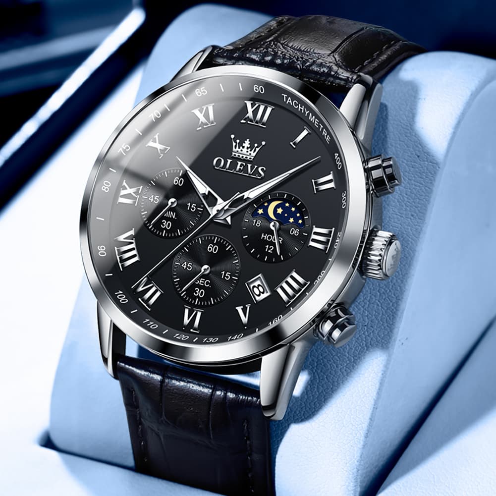 OLEVS Chronograph Moon Phase Dress Watch Leather Strap for Men 5529