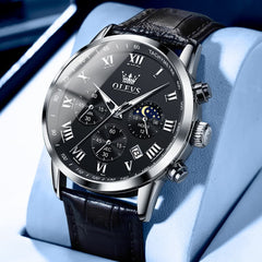 OLEVS Chronograph Moon Phase Dress Watch Leather Strap for Men 5529