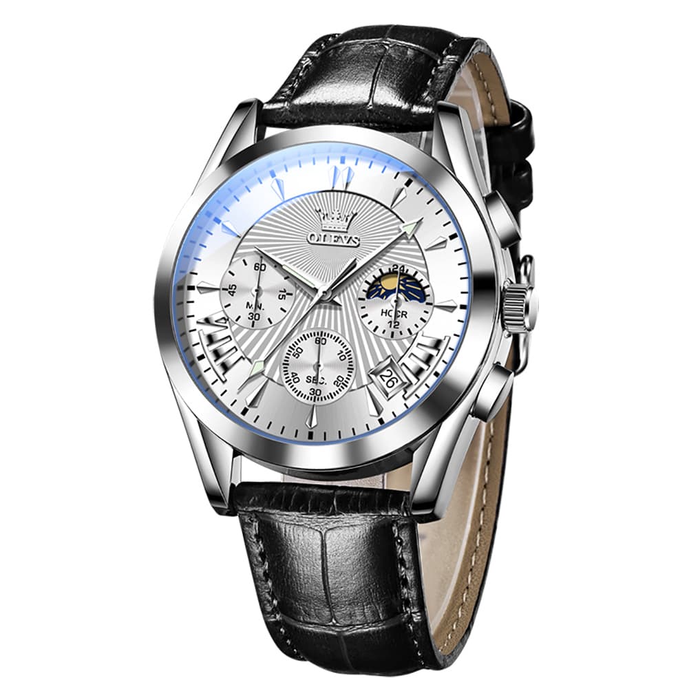 OLEVS 2876 Luxury Moon Phase Chronograph Leather Watch for Men