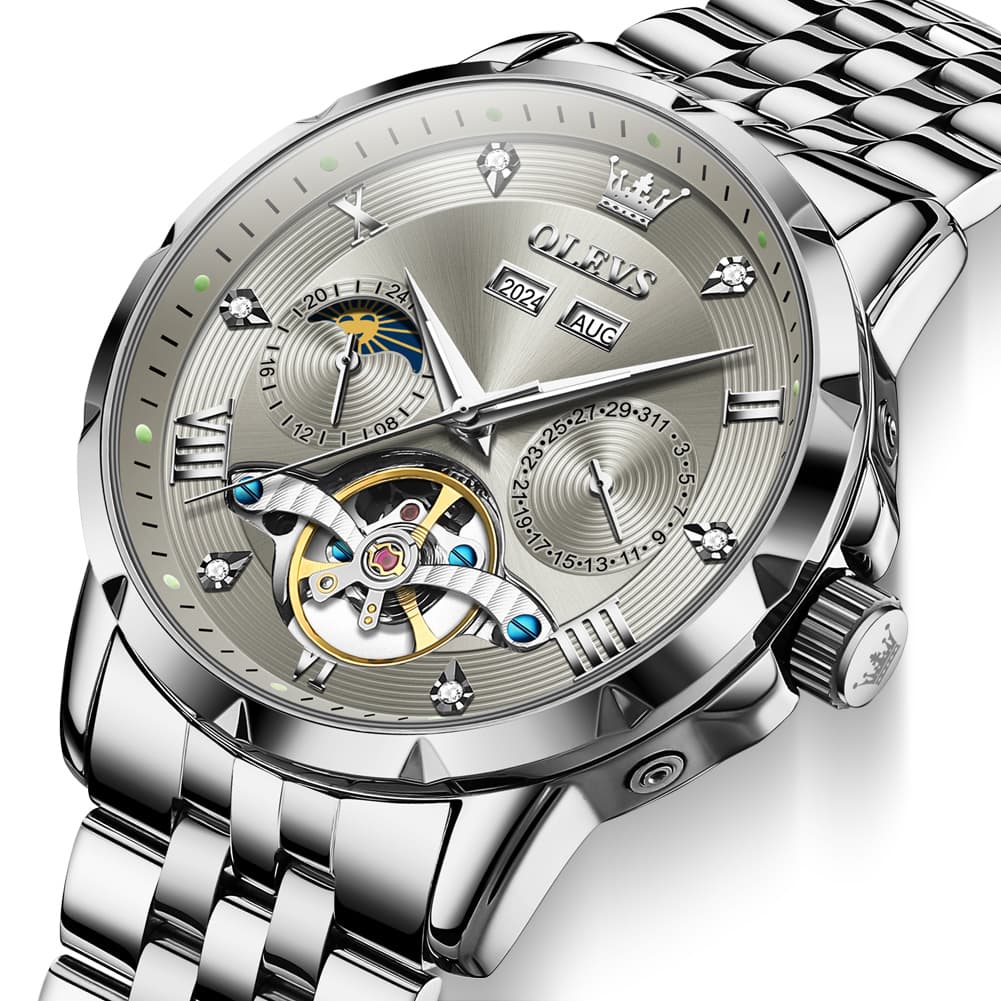 OLEVS 6691 Automatic Moon Phase Skeleton Steel Watch for Men