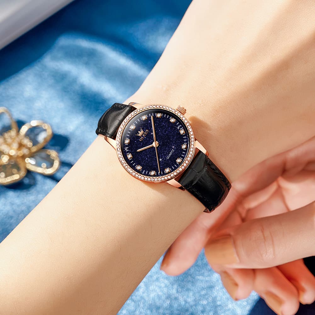 OLEVS Women Starry Sky Watch Diamond Bezel Leather Strap Quartz 5605