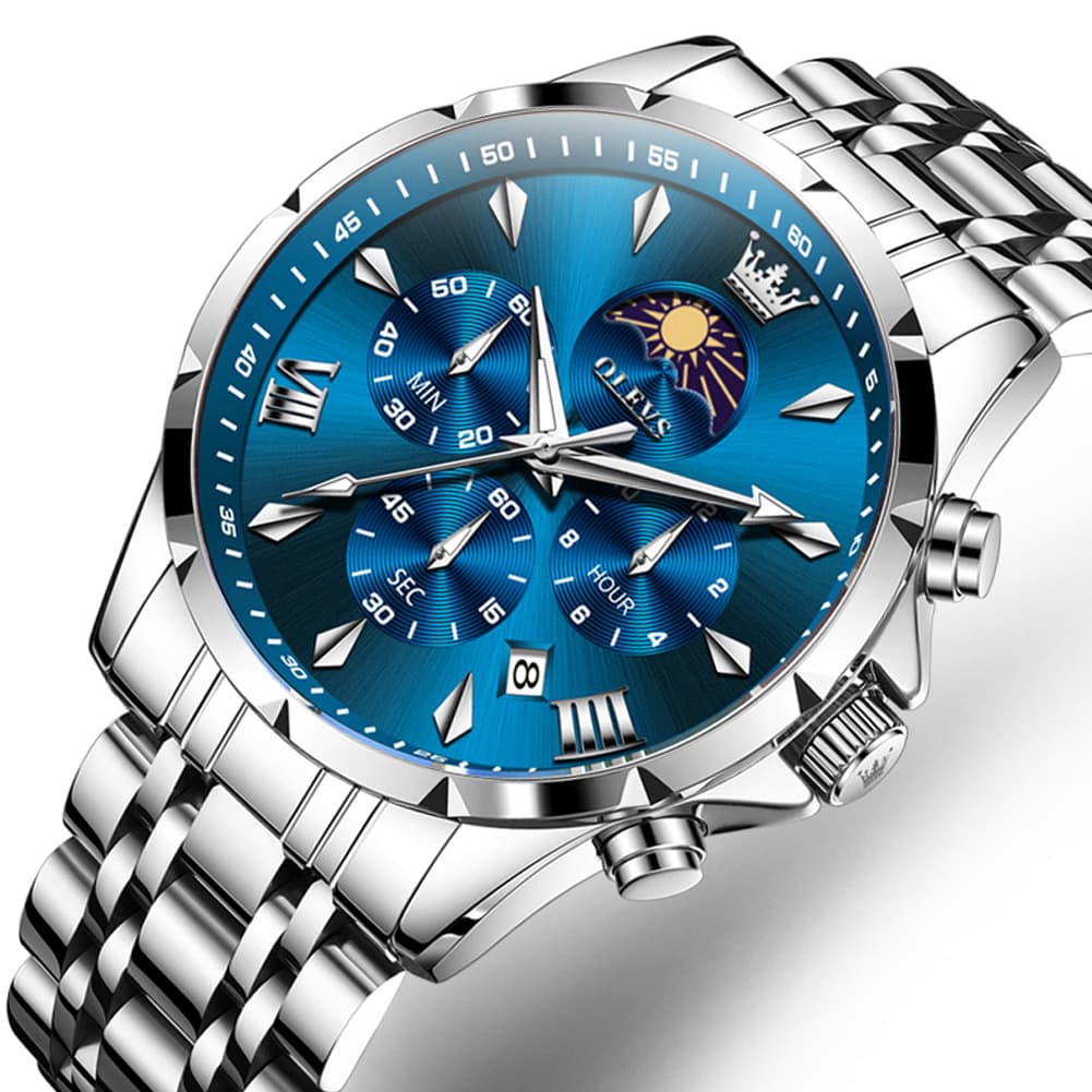 OLEVS 3653 Chronograph Moon Phase Sporty Dial Stainless Steel Watch For Men