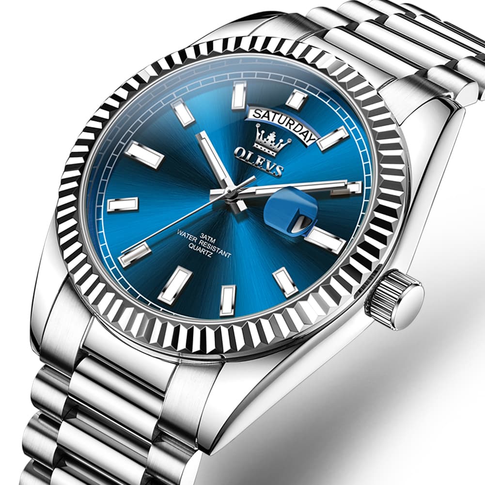 OLEVS 5650 Fluted Bezel Day Date Watch Stainless Steel Quartz Luxury Timepiece for Men