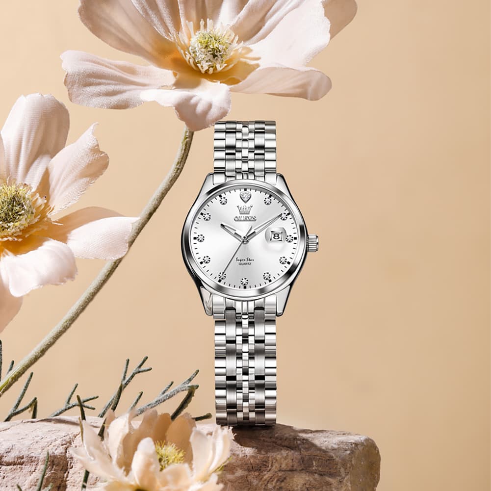 OLEVS 5649 Diamond Starry Dial Quartz Watch Calendar Stainless Steel Bracelet Timeless Timepiece for Women